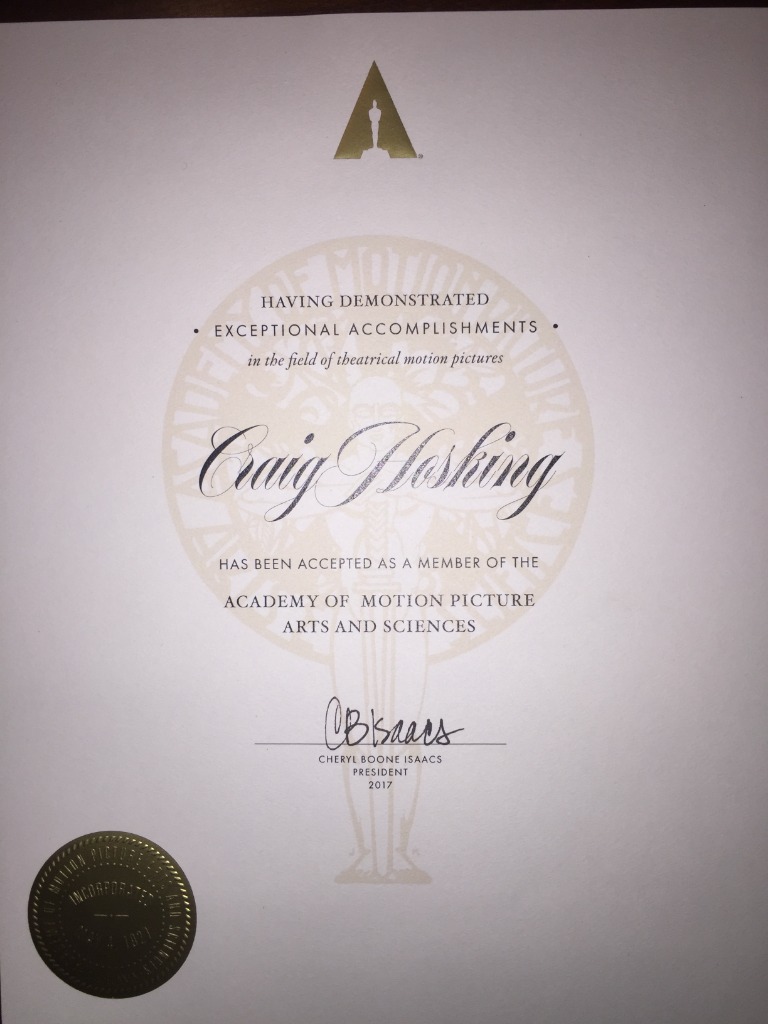 Craig Hosking Official Certificate of Membership — Academy of Motion Picture Arts and Sciences (The Oscars)
