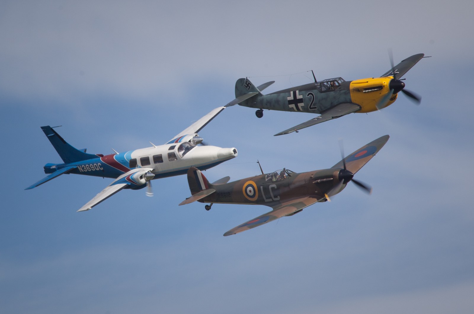 Aerostar N3690C camera ship flying with Spitfire and Bf 109